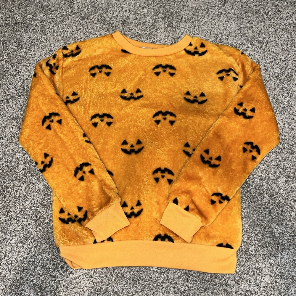 Wound Up - Women's Halloween‎ Pumpkin Print Orange Fleece Plush Sweatshirt S